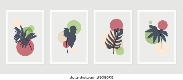 Botanical wall art background vector set.Earth tone natural colors foliage line art  boho plants drawing with abstract shape. Mid century modern design for prints, poster, cover and wallpaper.