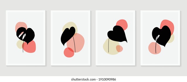 Botanical wall art background vector set.Earth tone natural colors foliage line art  boho plants drawing with abstract shape. Mid century modern design for prints, poster, cover and wallpaper.