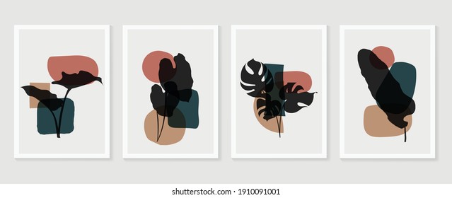 Botanische Wand-Kunst Hintergrund Vektorset.Erde Ton natürlichen Farben Blattlinie Linie Kunst Boho Pflanzen Zeichnung mit abstrakter Form. Modernes Design für Drucke, Plakate, Decken und Tapeten.