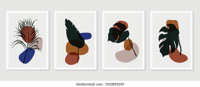 Botanical wall art background vector set.Earth tone natural colors foliage line art  boho plants drawing with abstract shape. Mid century modern design for prints, poster, cover and wallpaper.