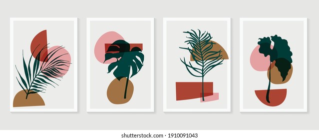 Botanical wall art background vector set.Earth tone natural colors foliage line art  boho plants drawing with abstract shape. Mid century modern design for prints, poster, cover and wallpaper.