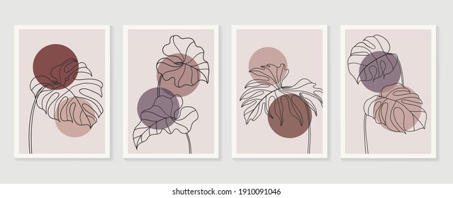 Botanical wall art background vector set.Earth tone natural colors foliage line art  boho plants drawing with abstract shape. Mid century modern design for prints, poster, cover and wallpaper.