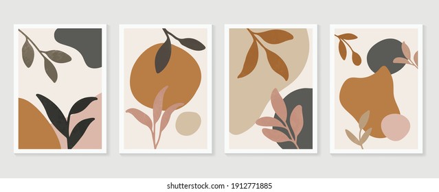 Botanical wall art background vector set.Earth tone natural colors foliage line art  boho plants drawing with abstract shape. Mid century modern design for prints, poster, cover and wallpaper.