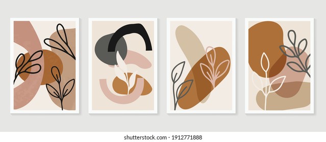 Botanical wall art background vector set.Earth tone natural colors foliage line art  boho plants drawing with abstract shape. Mid century modern design for prints, poster, cover and wallpaper.