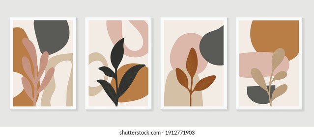 Botanical wall art background vector set.Earth tone natural colors foliage line art  boho plants drawing with abstract shape. Mid century modern design for prints, poster, cover and wallpaper.