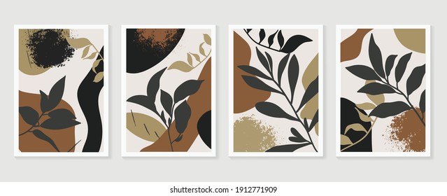 Botanical wall art background vector set.Earth tone natural colors foliage line art  boho plants drawing with abstract shape. Mid century modern design for prints, poster, cover and wallpaper.