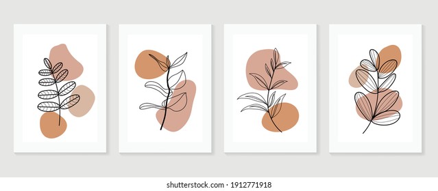 Botanical wall art background vector set.Earth tone natural colors foliage line art  boho plants drawing with abstract shape. Mid century modern design for prints, poster, cover and wallpaper.