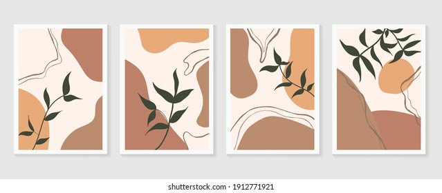 Botanical wall art background vector set.Earth tone natural colors foliage line art  boho plants drawing with abstract shape. Mid century modern design for prints, poster, cover and wallpaper.