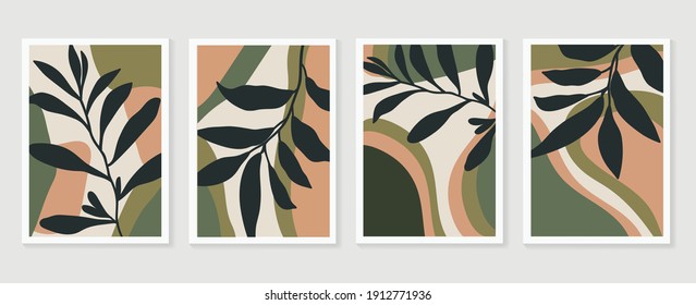 Botanical wall art background vector set.Earth tone natural colors foliage line art  boho plants drawing with abstract shape. Mid century modern design for prints, poster, cover and wallpaper.