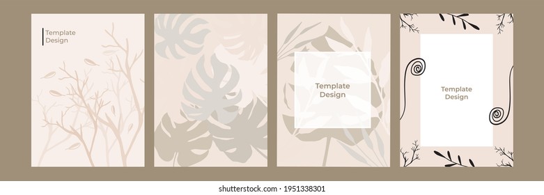 Botanical wall art background vector set. Earth tone natural colors foliage line art boho plants drawing with abstract shape. Mid century modern design for prints, poster, cover and wallpaper