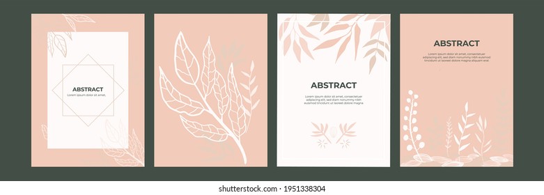 Botanical wall art background vector set. Earth tone natural colors foliage line art boho plants drawing with abstract shape. Mid century modern design for prints, poster, cover and wallpaper