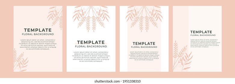 Botanical wall art background vector set. Earth tone natural colors foliage line art boho plants drawing with abstract shape. Mid century modern design for prints, poster, cover and wallpaper