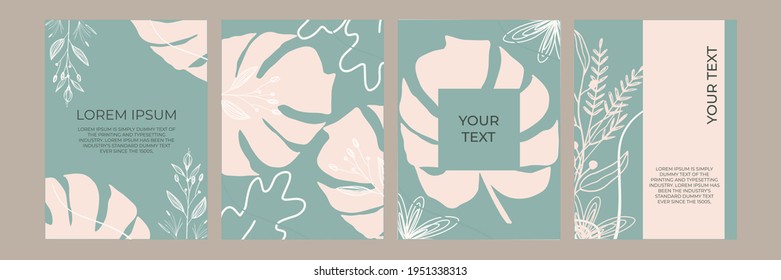 Conjunto de vectores de fondo de arte mural botánico. Tono de la Tierra colores naturales línea de follaje plantas de boho dibujo con forma abstracta. Diseño moderno de mediados de siglo para impresiones, carteles, cubierta y papel pintado