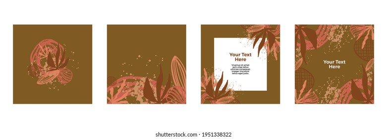 Botanical wall art background vector set. Earth tone natural colors foliage line art boho plants drawing with abstract shape. Mid century modern design for prints, poster, cover and wallpaper