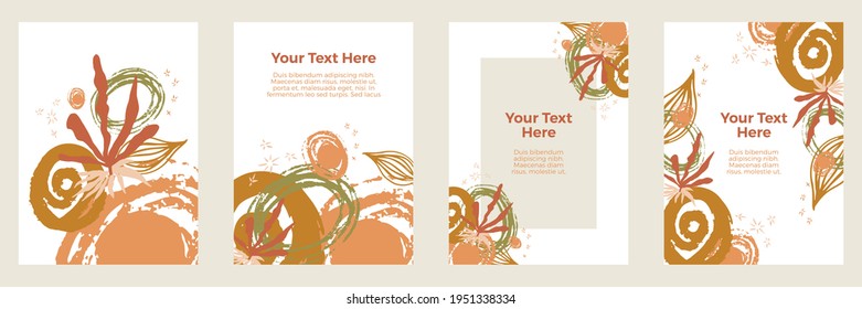 Botanical wall art background vector set. Earth tone natural colors foliage line art boho plants drawing with abstract shape. Mid century modern design for prints, poster, cover and wallpaper