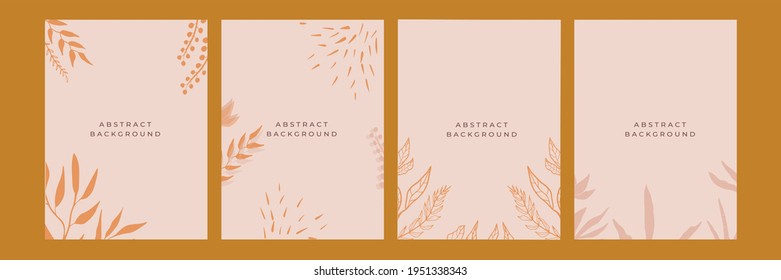 Botanischer Wandkunsthintergrund, Vektorset. Naturfarben-Blattlinie der Erde Boho-Pflanzen zeichnen sich durch abstrakte Form aus. Modernes Design des Mittelalters für Drucke, Plakate, Decken und Tapeten