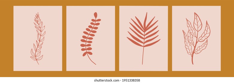 Botanical wall art background vector set. Earth tone natural colors foliage line art boho plants drawing with abstract shape. Mid century modern design for prints, poster, cover and wallpaper