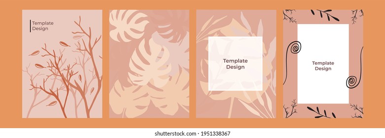 Botanischer Wandkunsthintergrund, Vektorset. Naturfarben-Blattlinie der Erde Boho-Pflanzen zeichnen sich durch abstrakte Form aus. Modernes Design des Mittelalters für Drucke, Plakate, Decken und Tapeten