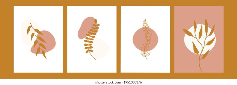 Conjunto de vectores de fondo de arte mural botánico. Tono de la Tierra colores naturales línea de follaje plantas de boho dibujo con forma abstracta. Diseño moderno de mediados de siglo para impresiones, carteles, cubierta y papel pintado