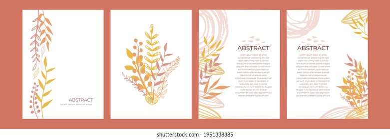 Botanical wall art background vector set. Earth tone natural colors foliage line art boho plants drawing with abstract shape. Mid century modern design for prints, poster, cover and wallpaper