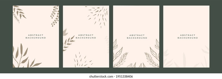 Botanical wall art background vector set. Earth tone natural colors foliage line art boho plants drawing with abstract shape. Mid century modern design for prints, poster, cover and wallpaper