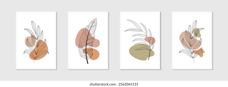 Botanical wall art background vector set.Earth tone natural colors foliage line art boho plants drawing with abstract shape. Mid century modern design for prints, poster, cover. vector 10 eps.