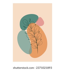 Botanical wall art. Boho line art drawing with abstract plant shapes, green, pink and orange. Minimal and natural wall art, card design. Stock Vector illustration.