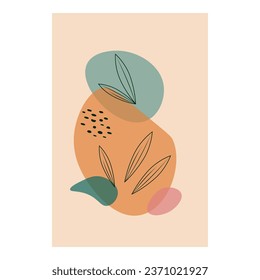 Botanical wall art. Boho line art drawing with abstract plant shapes and leaves. Minimal and natural wall art, card design. Stock Vector illustration.