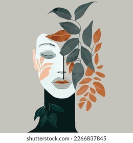 Botanical Wall Art Boho Print. Vector Minimal Floral. Foliage Line Art Drawing with Woman Face. Abstract Plant Design for Poster, Print, Cover. Modern Trendy Illustration. Aesthetic mid century