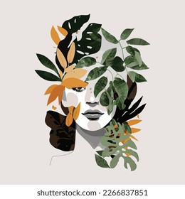 Botanical Wall Art Boho Print  Vector Minimal Floral  Foliage Line Art Drawing and Woman Face  Abstract Plant Design for Poster  Print  Cover  Modern Trendy Illustration  Aesthetic mid century