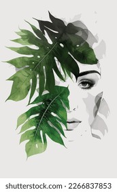 Botanical Wall Art Boho Print. Vector Minimal Floral. Foliage Line Art Drawing with Woman Face. Abstract Plant Design for Poster, Print, Cover. Modern Trendy Illustration. Aesthetic mid century