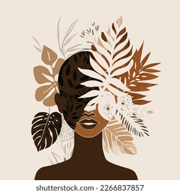 Botanical Wall Art Boho Print. Vector Minimal Floral. Foliage Line Art Drawing with Woman Face. Abstract Plant Design for Poster, Print, Cover. Modern Trendy Illustration. Aesthetic mid century