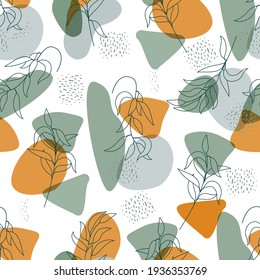 Botanical wall art boho style seamless pattern vector. Tropical Foliage line art drawing with abstract shape. Plant Minimal and natural wall art. Ideal for art gallery, trendy minimalist botanical int