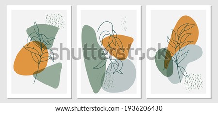 Botanical wall art boho style vector set. Tropical Foliage line art drawing with abstract shape. Plant Minimal and natural wall art. Ideal for art gallery, Set of trendy minimalist botanical interior 