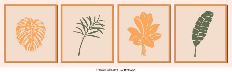 Botanical wall art collection. Exotic plants, banana, monstera leaves. Foliage line art drawing. Colorful minimal, abstract design for prints, cover, packaging, cosmetics, logo. Eco trendy style.