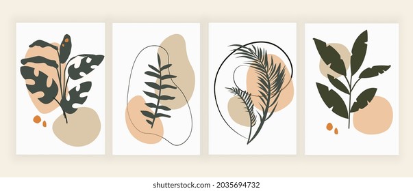Botanical wall art. Collection of posters with leaves, branches and geometric shape. Design elements for wall decoration and printing on fabric. Flat vector illustrations isolated on white background