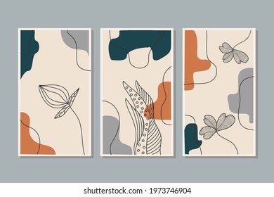 Botanical wall art collection set vector. Foliage line art drawing with abstract shape. Abstract Plant Art design for print, cover, wallpaper, Minimal and natural wall art. Vector illustration.