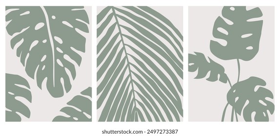 Botanical wall art collection. Tropical leaves canvas poster. Collection of contemporary art prints