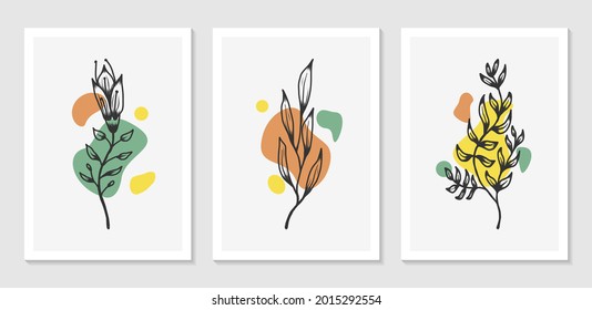 Botanical wall art design set with abstract shape minimalist
