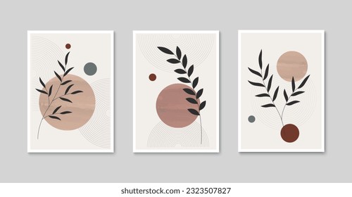 Diseño de pared botánica. Afiche de arte minimalista de la línea folclórica boho. Diseño de ilustraciones vegetales para papel pintado, impresión, cubierta. Vector