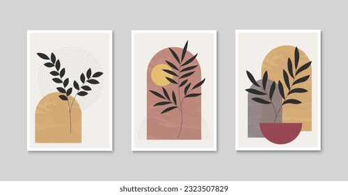 Botanical wall art design set. Minimalist boho foliage line art poster. Plant illustration design for wallpaper, print, cover. Vector