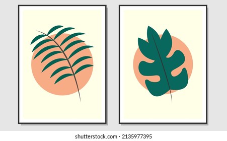 Botanical wall art. Elegant design of leaves and geometric circles. Abstract design for living room wall decoration, bedroom wallpaper, children's room, family room. SSTKabstract