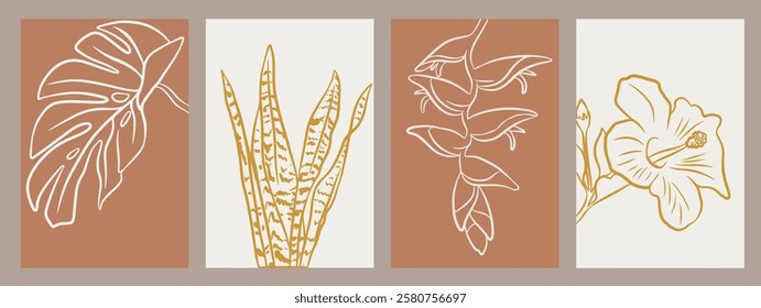 Botanical wall art featuring mostera, dracaena trifasciata, heliconia rostrata and hibiscus. Earthy coloured paintings