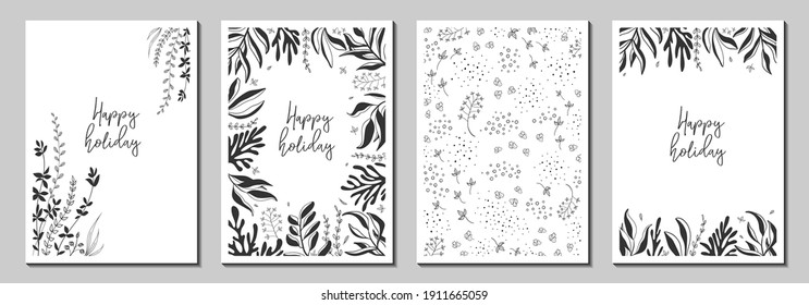 Botanical wall art. Floral vector templates with leaves, plants. Abstract natural elements. Plant print for holiday posters, greeting cards, backgrounds, covers, banners, invitations.