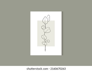 Botanical wall art. Floral vector art for print. Eucalyptus branch. Modern line art. Boho foliage botanical leaves.