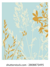 Botanical wall art illustration featuring delicate wild field grass and herbs silhouettes in modern ochre, cream, and light blue tones, ideal for minimalist room styling, contemporary interior decorat