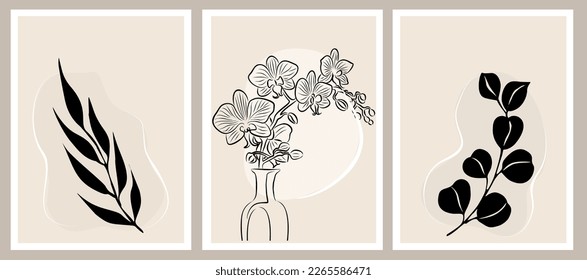 Botanical wall art linear vector illustrations set