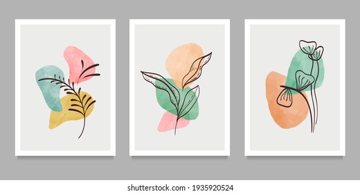 Botanical wall art on set. Abstract geometric elements, shapes and plant art for print, cover, wallpaper . Vector illustration