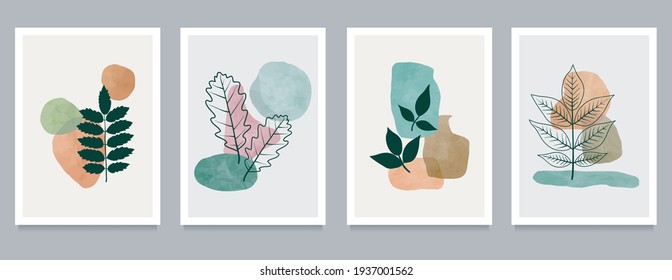 Botanical wall art on set. creative minimalist hand painted. Abstract geometric elements. with different shapes for art print, cover, wallpaper. Vector illustration