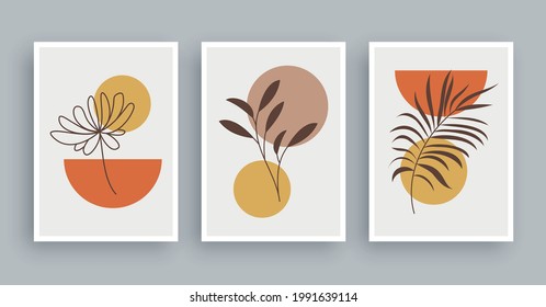 Botanical wall art painting background. Foliage art and hand drawn line with abstract shape. Mid century scandinavian nordic style.